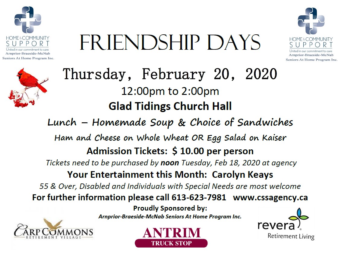 ArnpriorBraesideMcNab Seniors a Home Friendship Days February 20